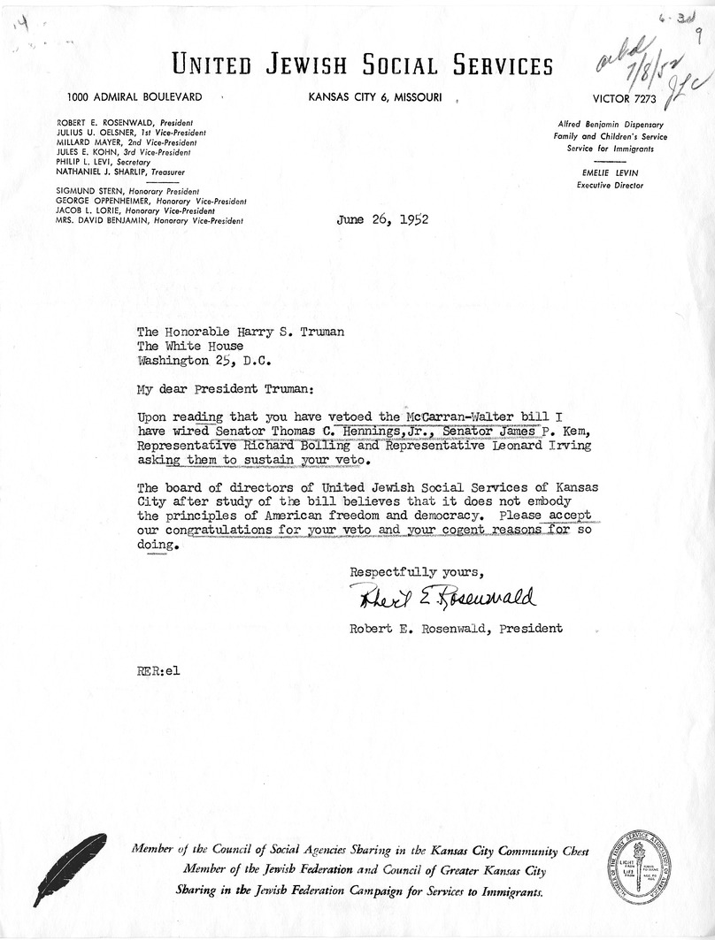 Letter from Robert E. Rosenwald to President Harry S. Truman, with a Reply from William Hassett