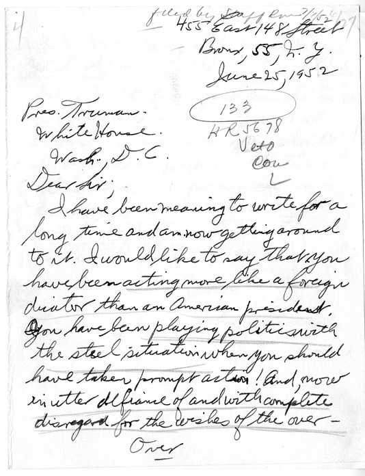 Letter from John Leonard to President Harry S. Truman
