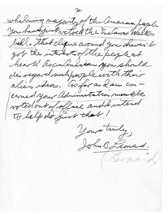 Letter from John Leonard to President Harry S. Truman
