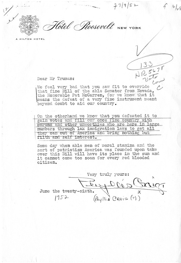 Letter from Phyllis Craig to President Harry S. Truman