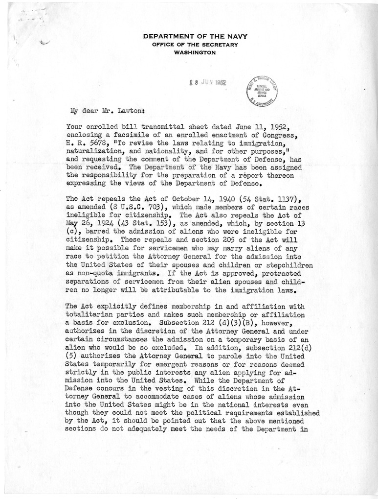 Letter from John F. Floberg to Frederick J. Lawton