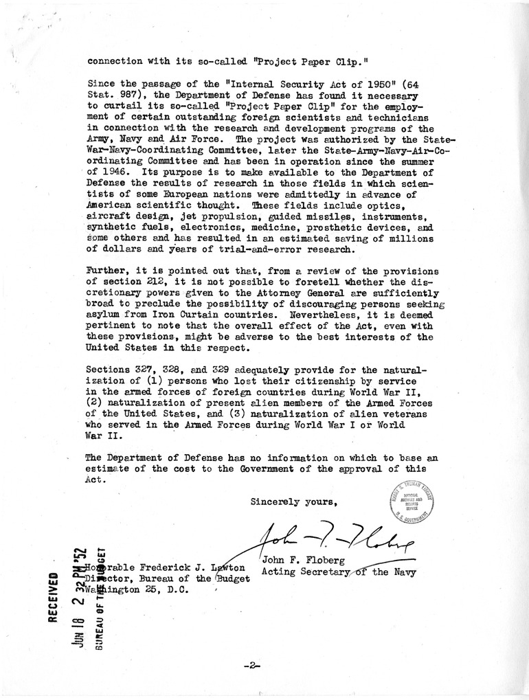Letter from John F. Floberg to Frederick J. Lawton