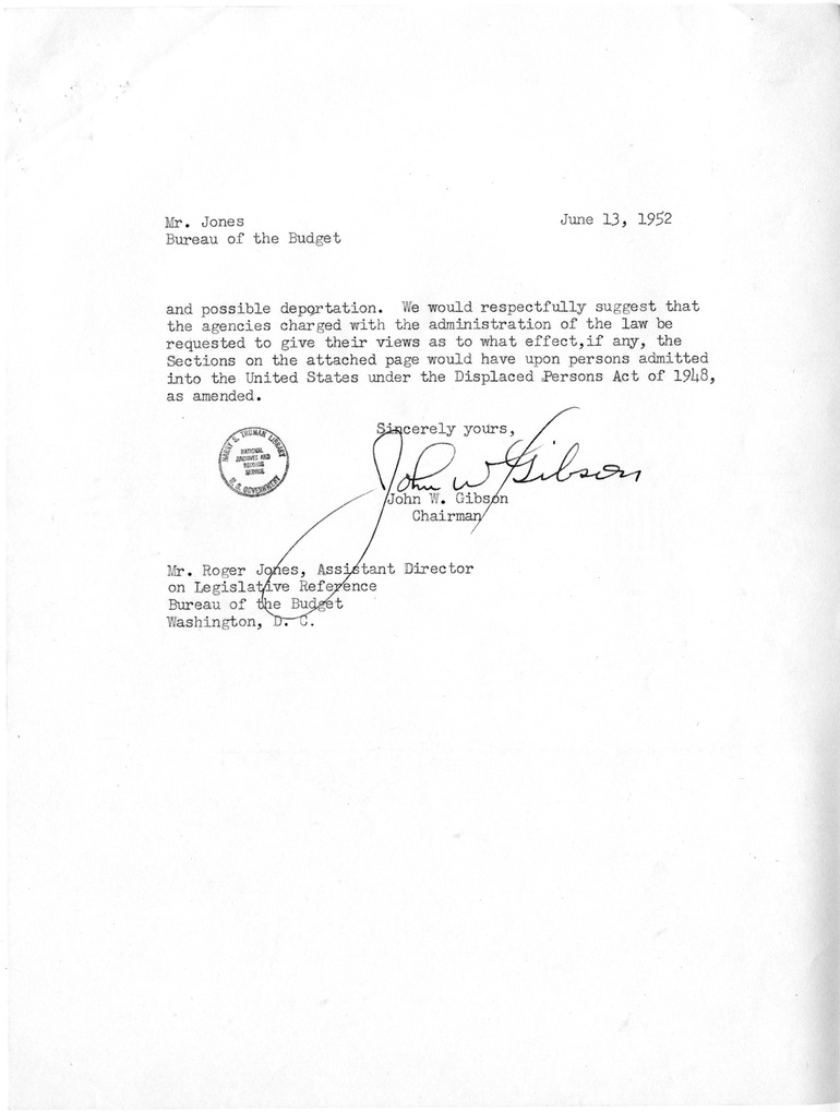 Letter from John W. Gibson to Roger W. Jones