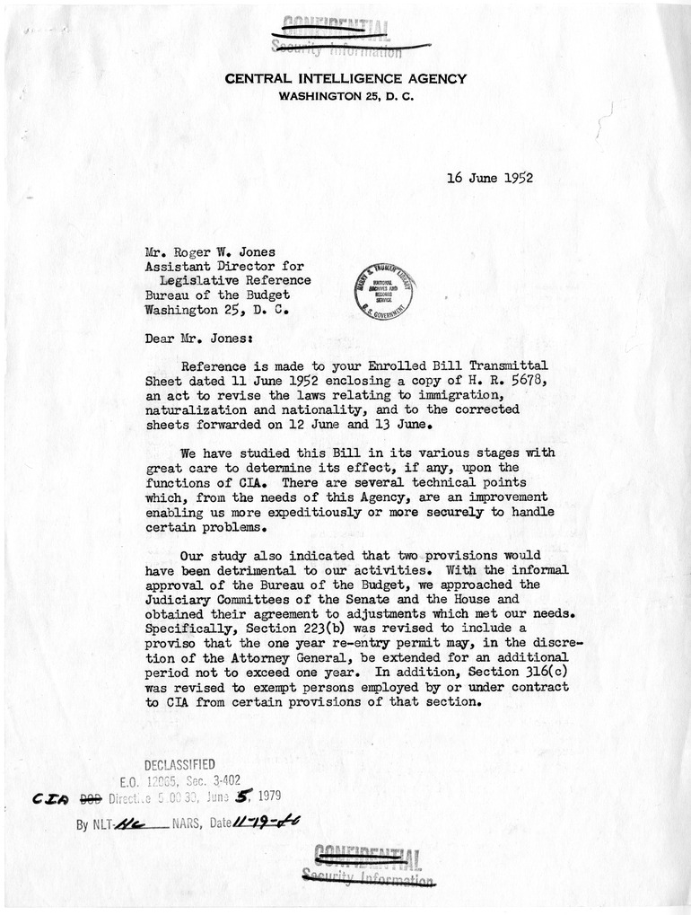 Letter from Walter L. Pforzheimer to Roger W. Jones