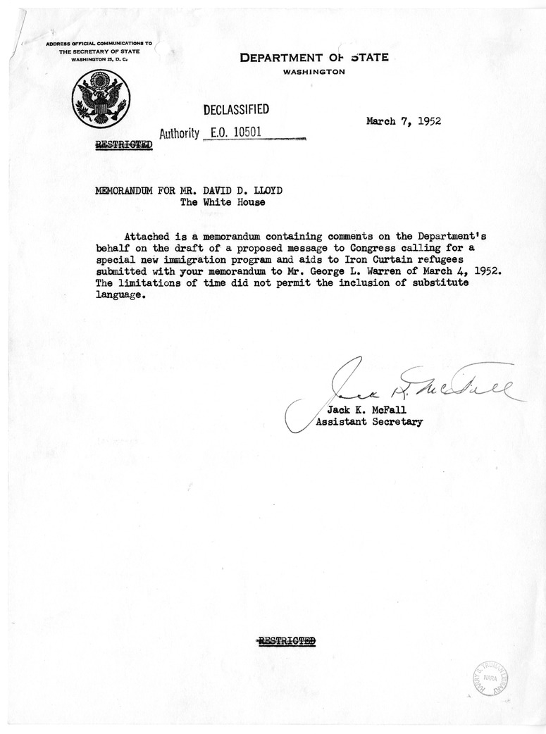 Memorandum from Jack K. McFall to David D. Lloyd, with Attachment