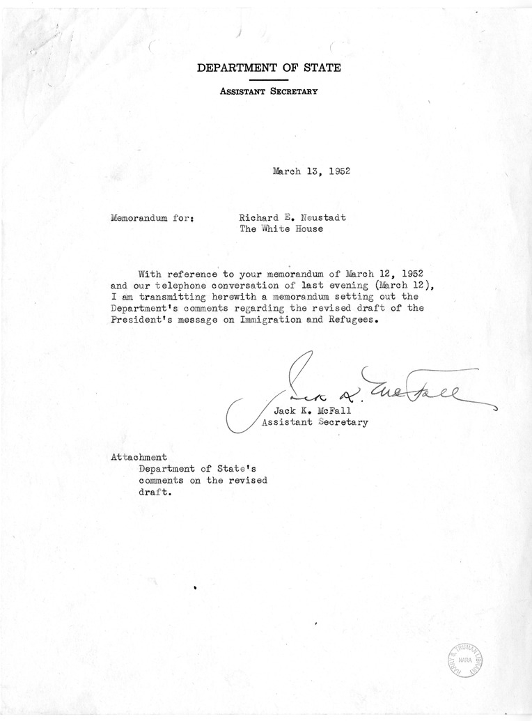 Memorandum from Jack K. McFall to Richard E. Neustadt with Attachment