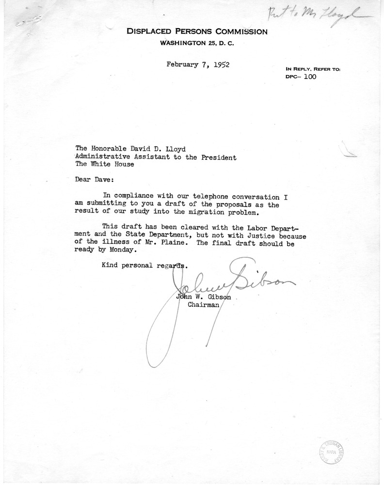 Memorandum from John W. Gibson to David D. Lloyd with Attachment