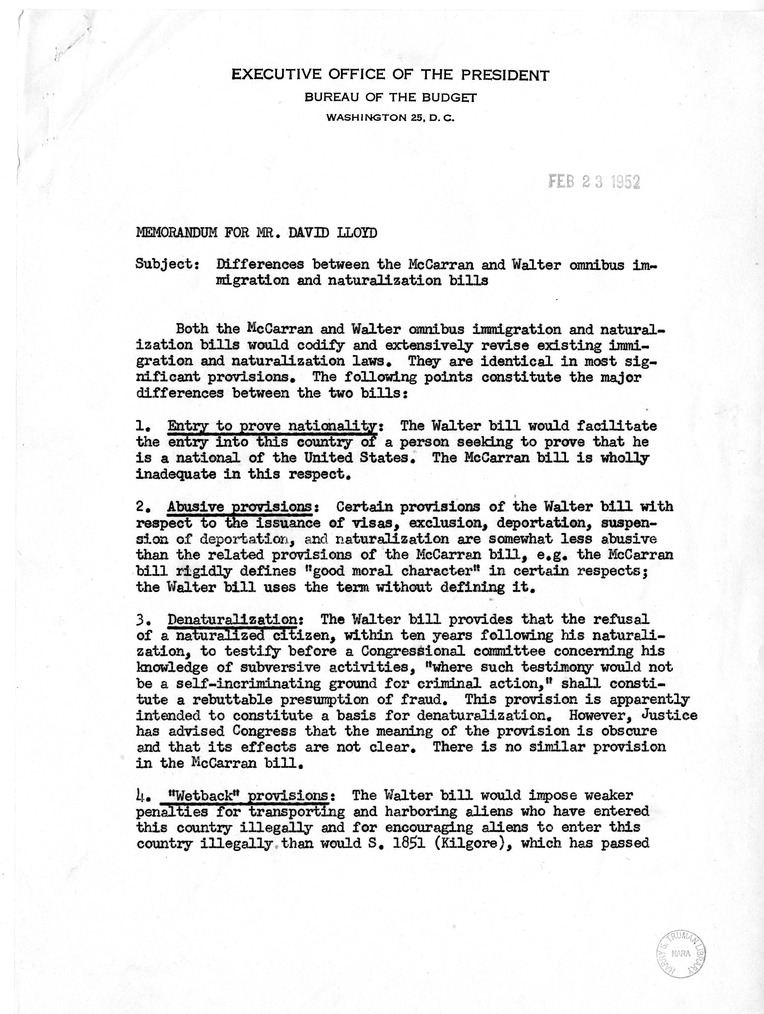 Memorandum from John W. Gibson to David D. Lloyd with Attachments