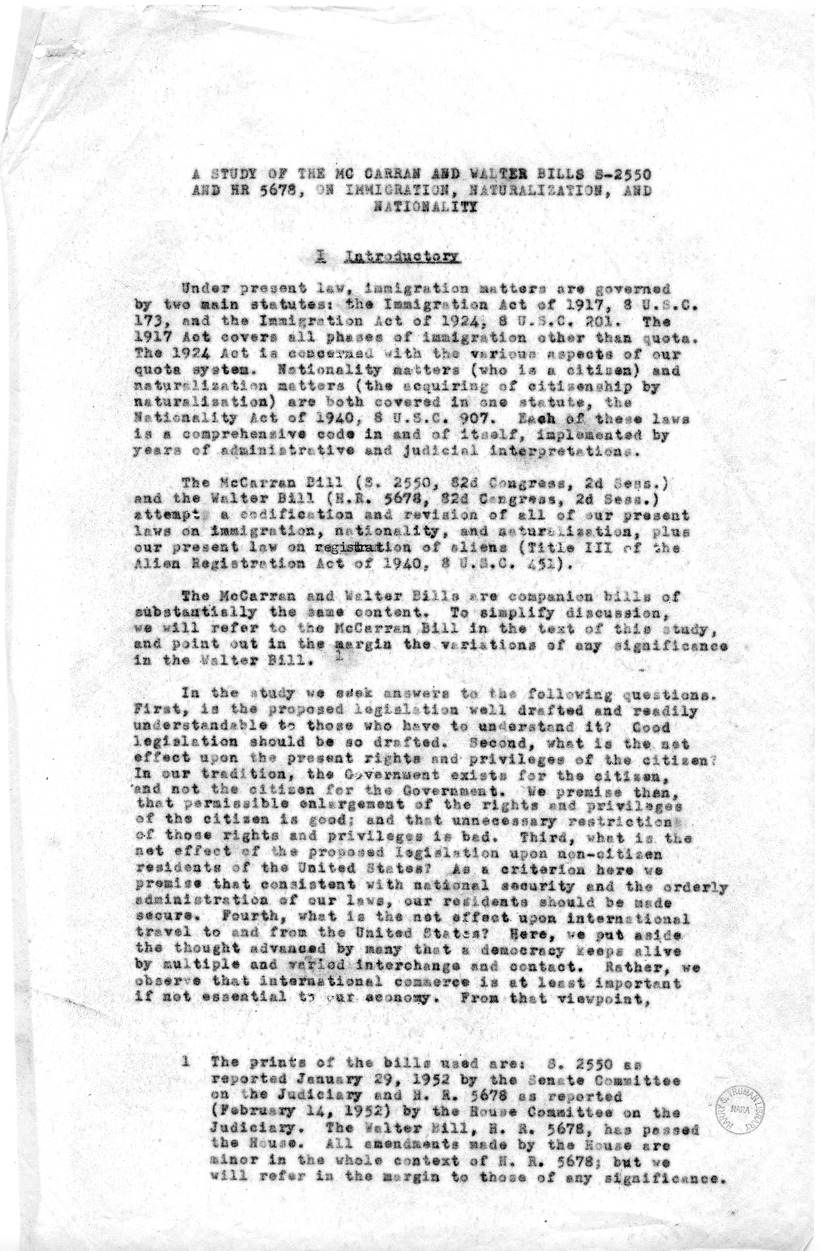 Memorandum, "A Study of the McCarran and Walter Bills, S-2550 and HR 5678, On Immigration, Naturalization, and Nationality," by Joseph A. Fanelli