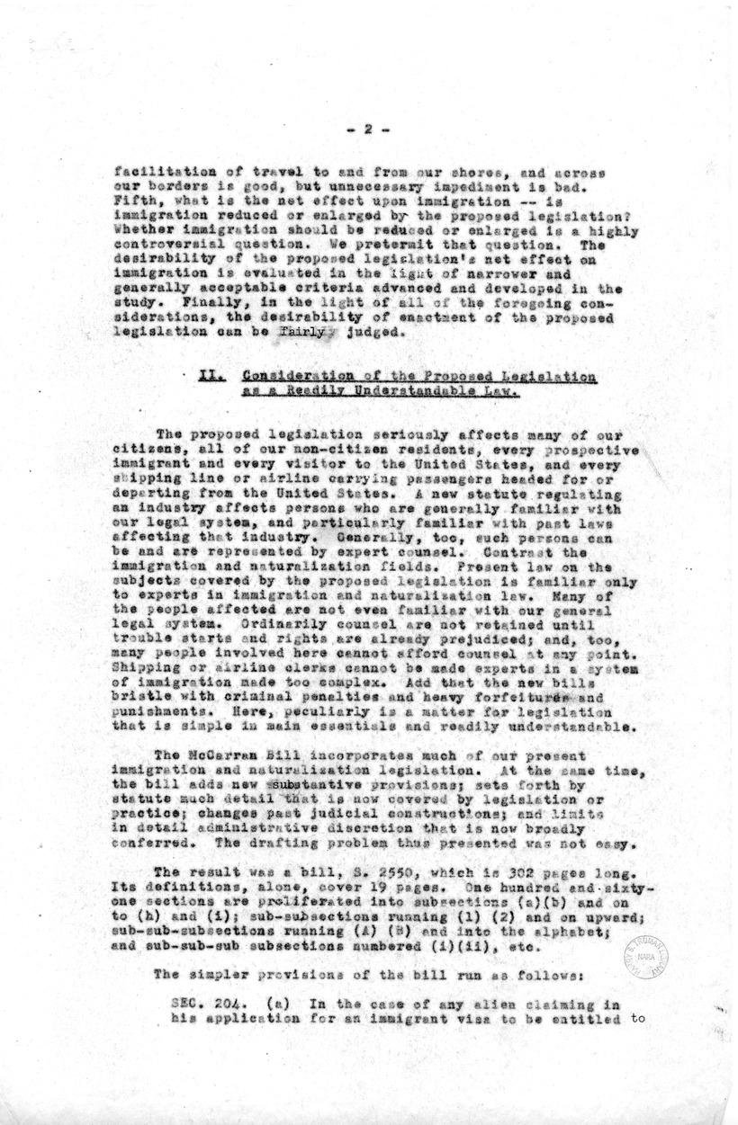 Memorandum, "A Study of the McCarran and Walter Bills, S-2550 and HR 5678, On Immigration, Naturalization, and Nationality," by Joseph A. Fanelli