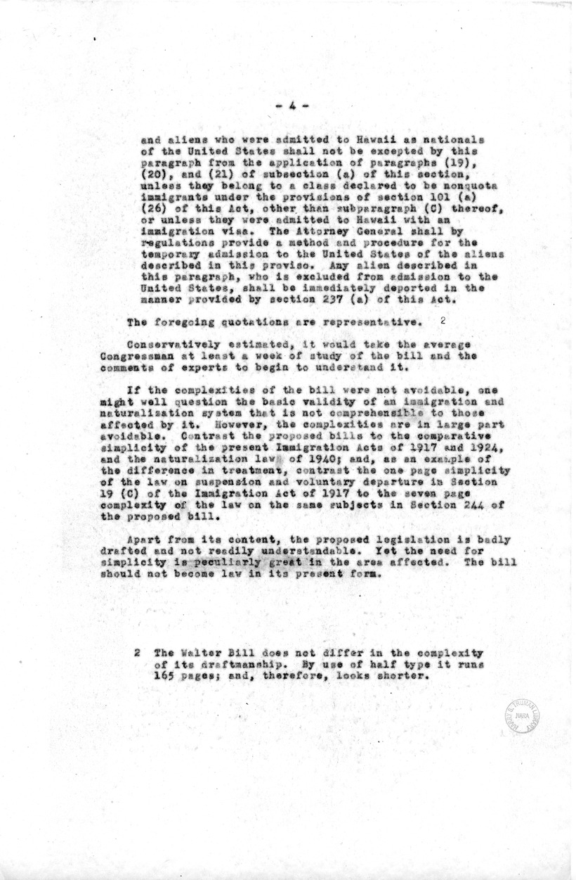 Memorandum, "A Study of the McCarran and Walter Bills, S-2550 and HR 5678, On Immigration, Naturalization, and Nationality," by Joseph A. Fanelli