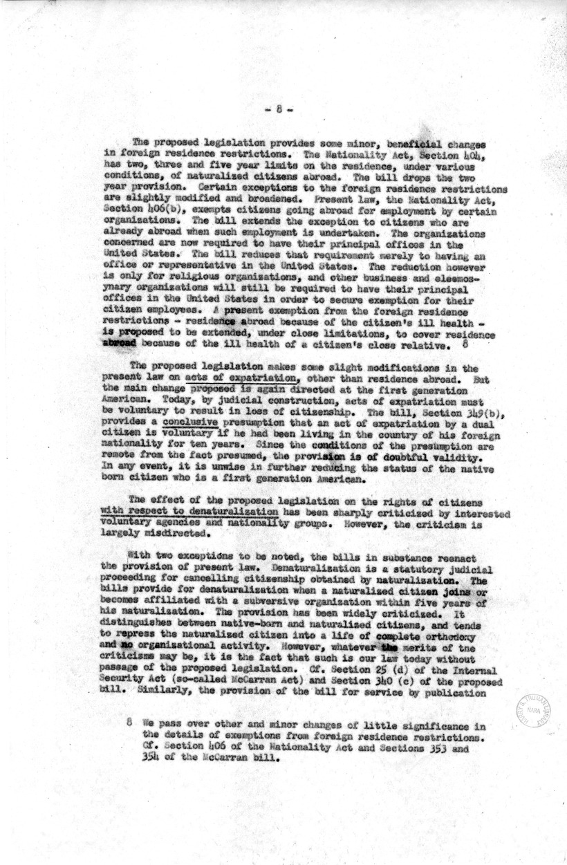 Memorandum, "A Study of the McCarran and Walter Bills, S-2550 and HR 5678, On Immigration, Naturalization, and Nationality," by Joseph A. Fanelli