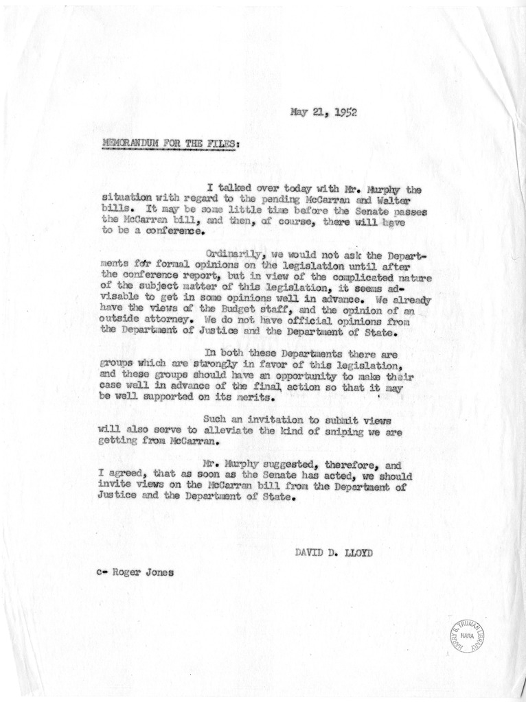 Memorandum for the Files by David D. Lloyd