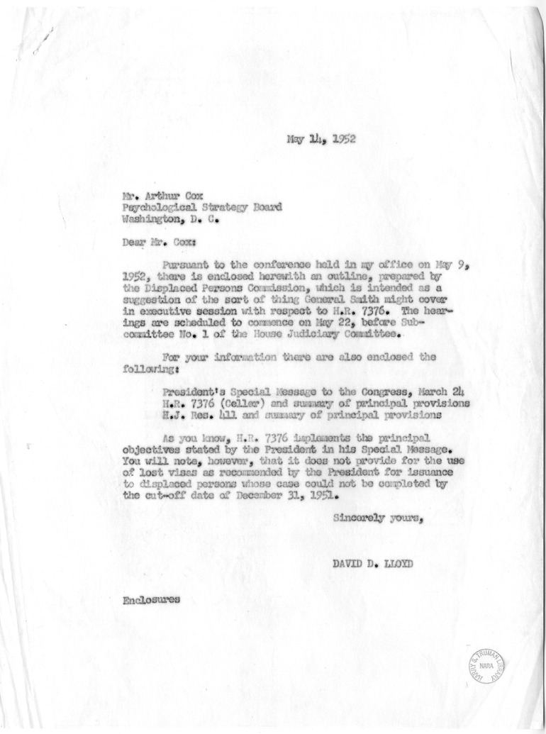 Letter from David D. Lloyd to Arthur Cox with Attachment
