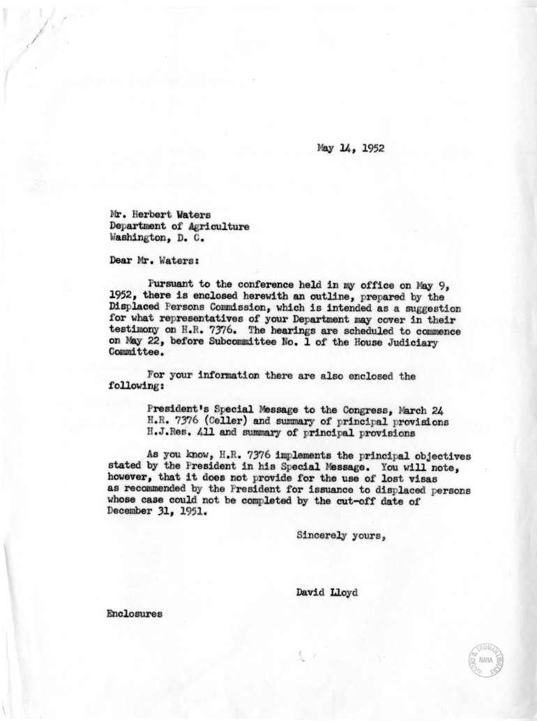 Memorandum from David D. Lloyd to Herbert J. Waters with Attachment