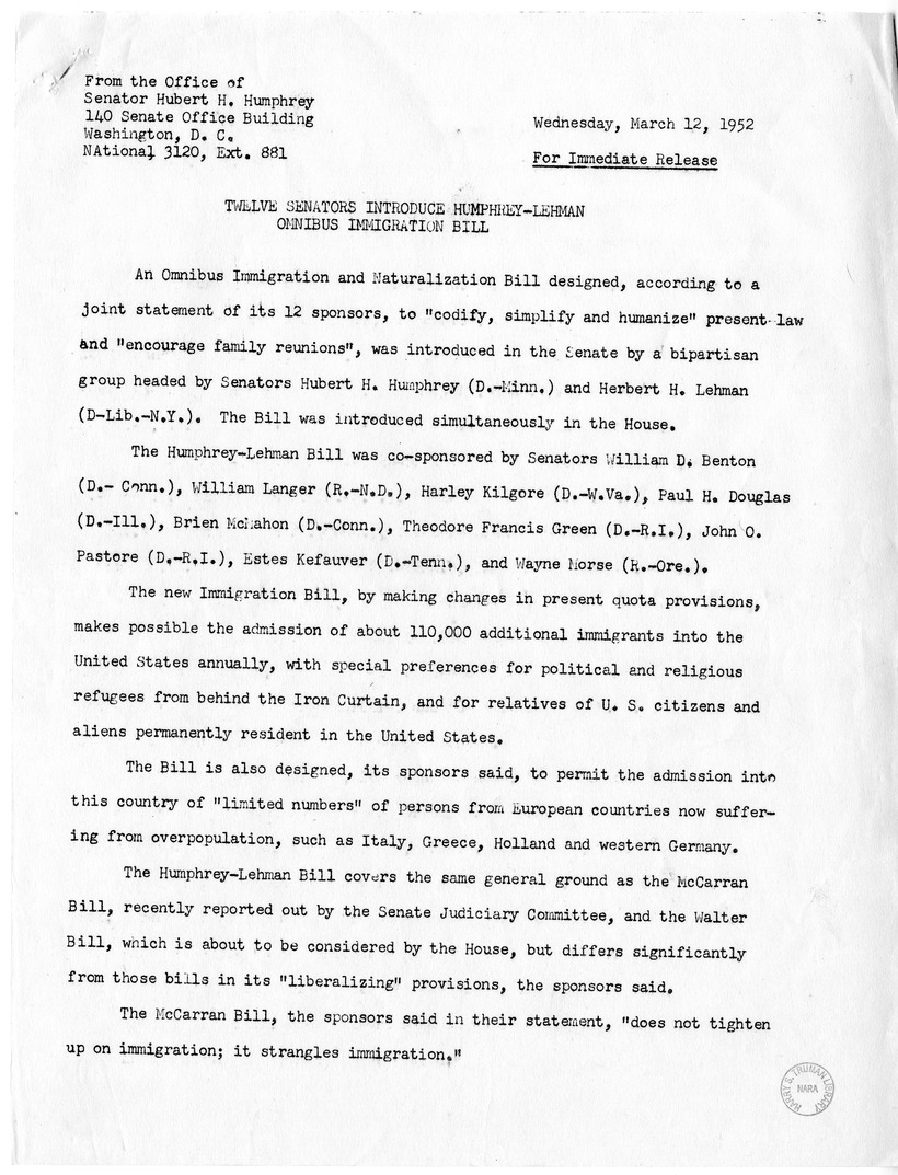 Press Release from the Office of Senator Hubert Humphrey, "Twelve Senators Introduce Humphrey-Lehman Omnibus Immigration Bill"