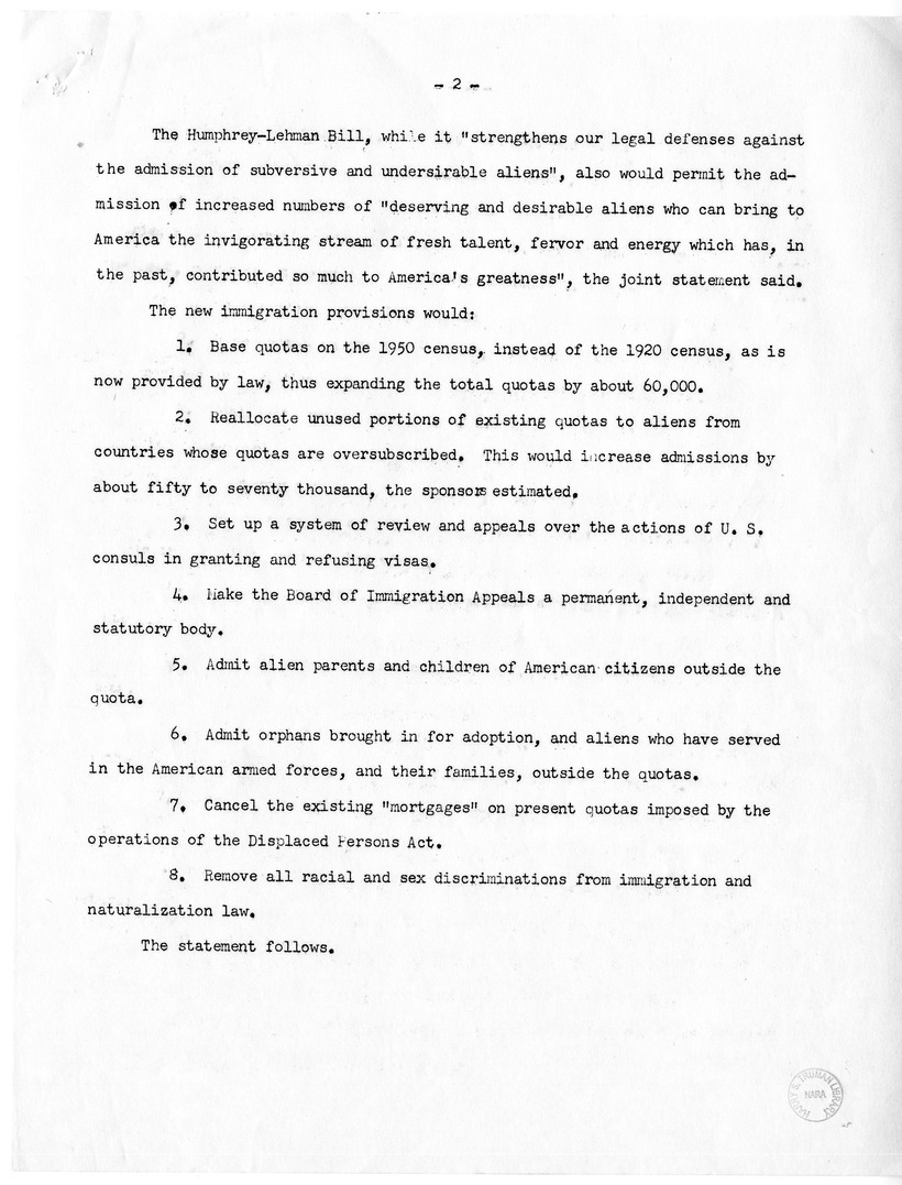 Press Release from the Office of Senator Hubert Humphrey, "Twelve Senators Introduce Humphrey-Lehman Omnibus Immigration Bill"