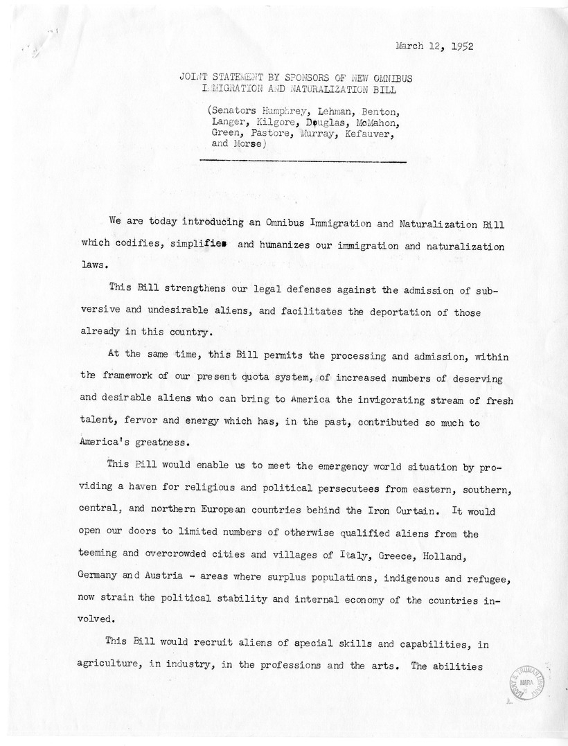 Press Release from the Office of Senator Hubert Humphrey, "Twelve Senators Introduce Humphrey-Lehman Omnibus Immigration Bill"