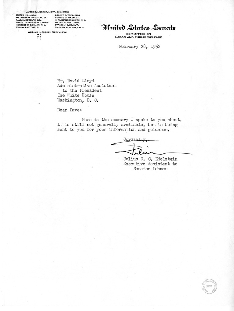 Memorandum from Julius C.C. Edelstein to David D. Lloyd with Attachment