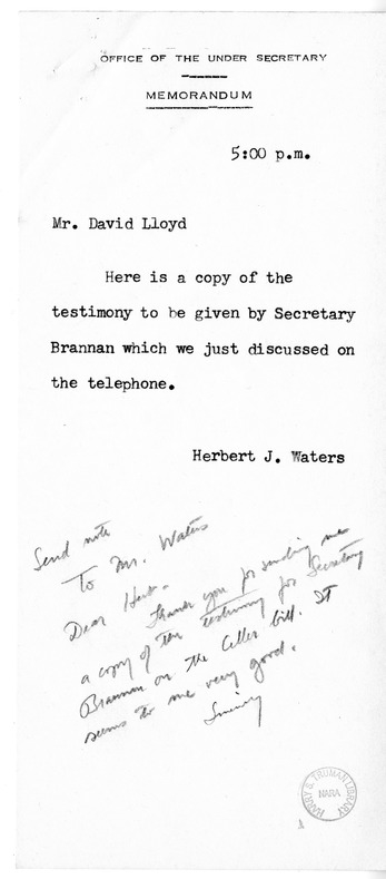 Correspondence Between Herbert J. Waters and David D. Lloyd with Attachment