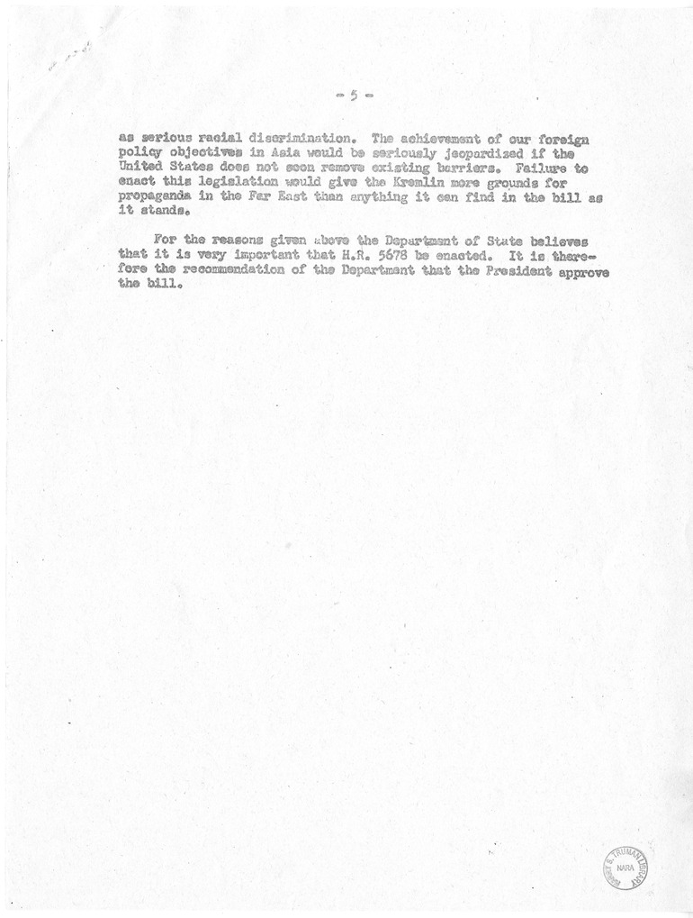 Memorandum, "Department of State Views H.R. 5678 Immigration and Nationality Bill"