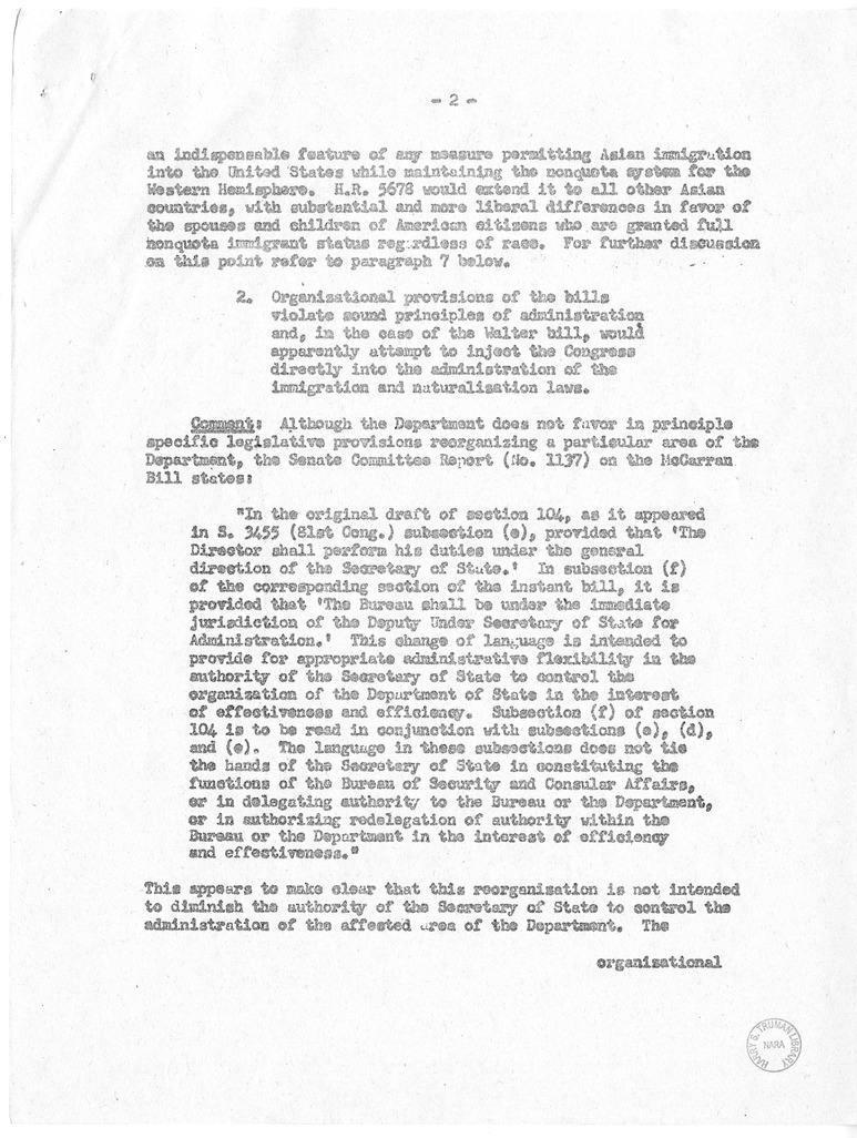 Memorandum from the Department of State, "Supplementary Comments on Budget Bureau Summary of the Major Provisions of the McCarran and Walter Omnibus Immigration and Nationality Bills"