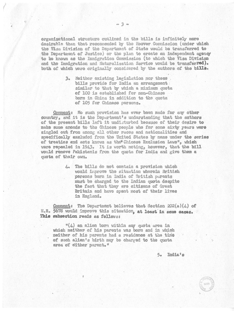 Memorandum from the Department of State, "Supplementary Comments on Budget Bureau Summary of the Major Provisions of the McCarran and Walter Omnibus Immigration and Nationality Bills"