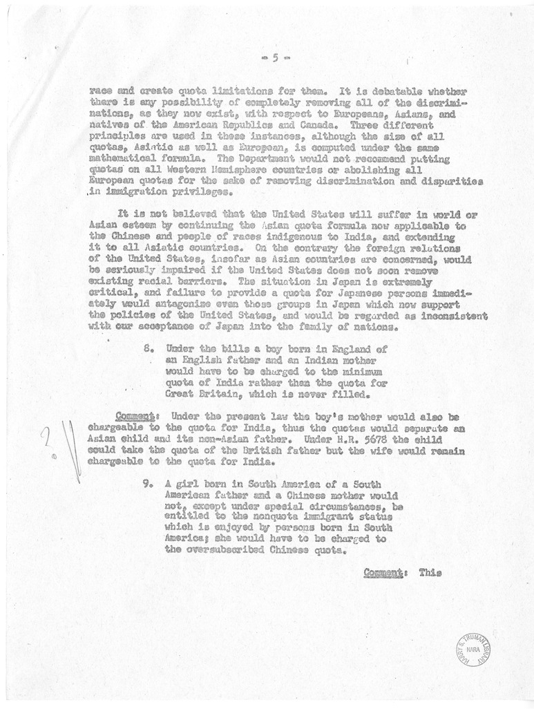 Memorandum from the Department of State, "Supplementary Comments on Budget Bureau Summary of the Major Provisions of the McCarran and Walter Omnibus Immigration and Nationality Bills"