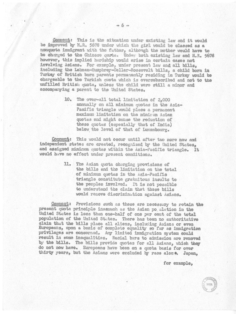 Memorandum from the Department of State, "Supplementary Comments on Budget Bureau Summary of the Major Provisions of the McCarran and Walter Omnibus Immigration and Nationality Bills"