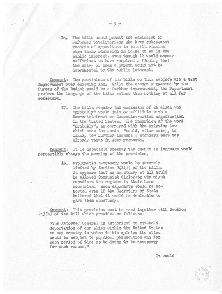 Memorandum from the Department of State, "Supplementary Comments on Budget Bureau Summary of the Major Provisions of the McCarran and Walter Omnibus Immigration and Nationality Bills"