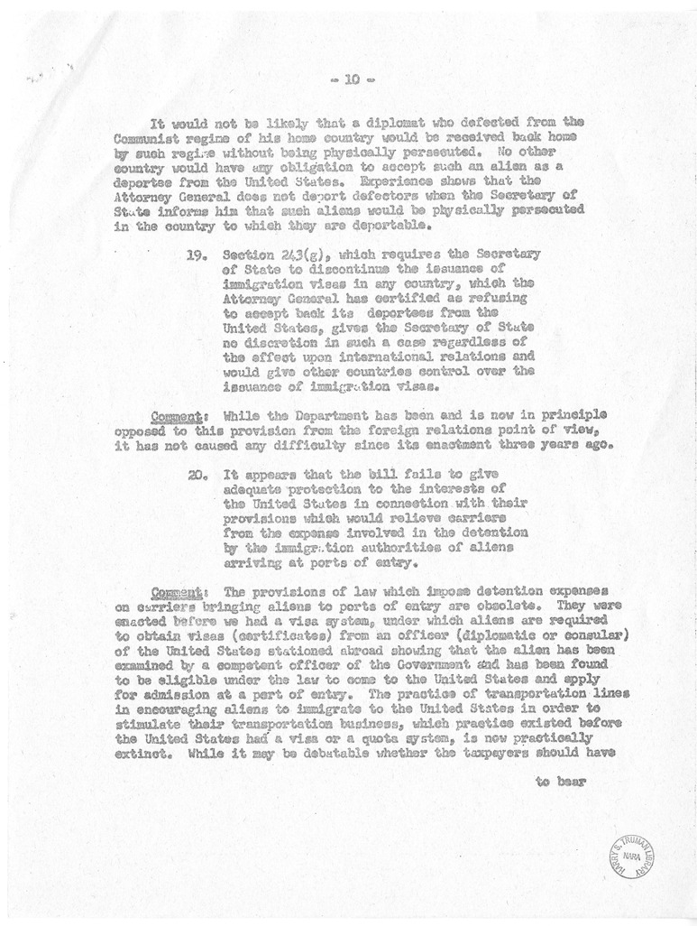 Memorandum from the Department of State, "Supplementary Comments on Budget Bureau Summary of the Major Provisions of the McCarran and Walter Omnibus Immigration and Nationality Bills"