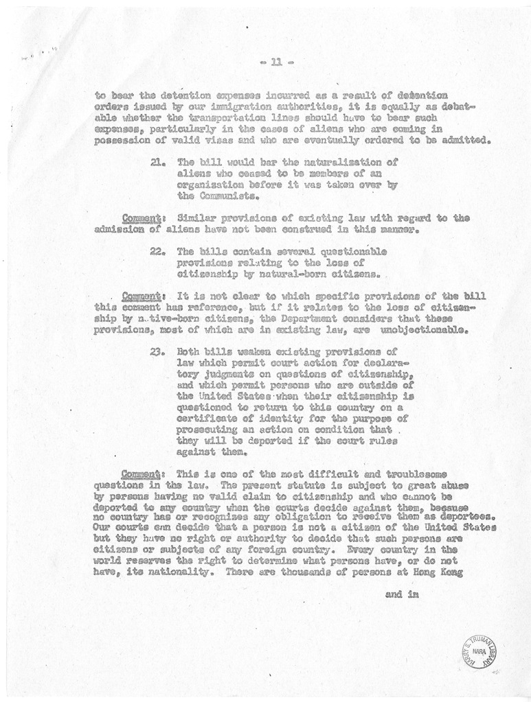 Memorandum from the Department of State, "Supplementary Comments on Budget Bureau Summary of the Major Provisions of the McCarran and Walter Omnibus Immigration and Nationality Bills"