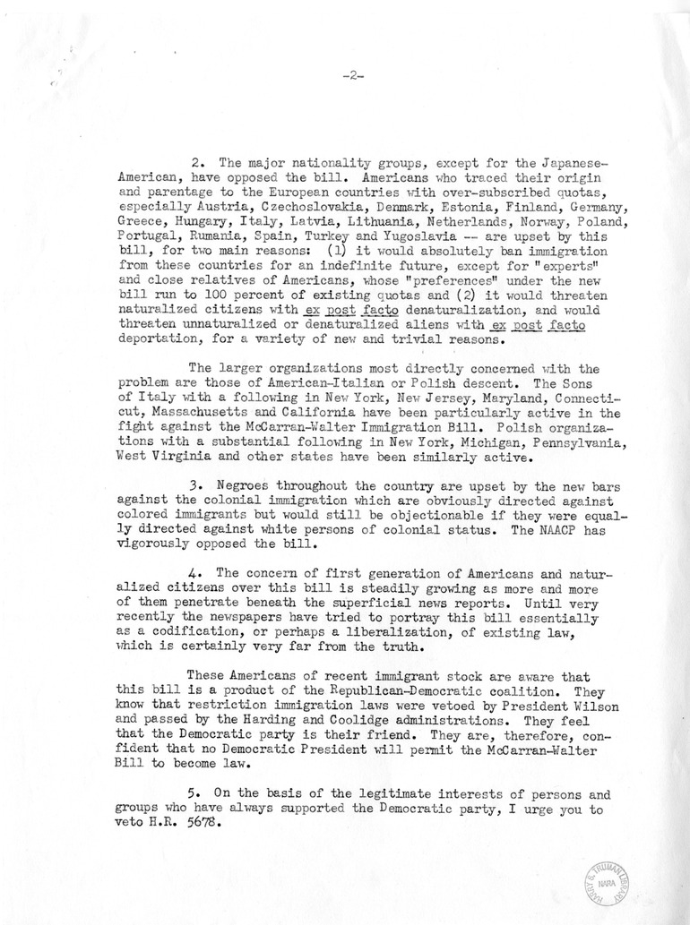 Memorandum from Oscar R. Ewing to President Harry S. Truman