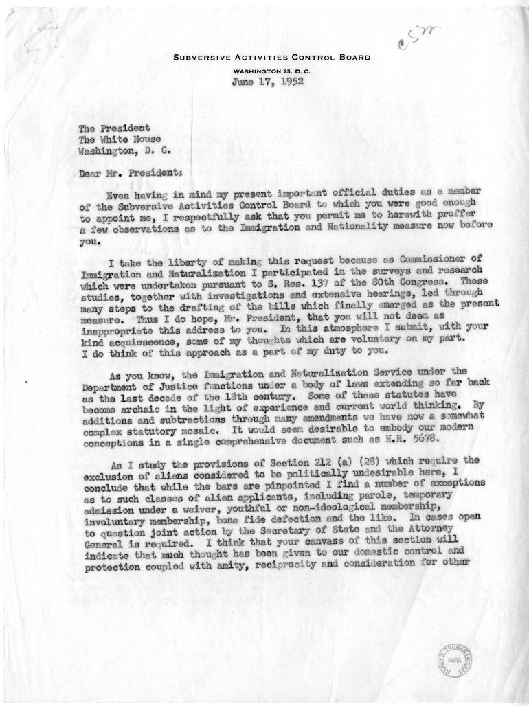 Letter from Watson B. Miller to President Harry S. Truman