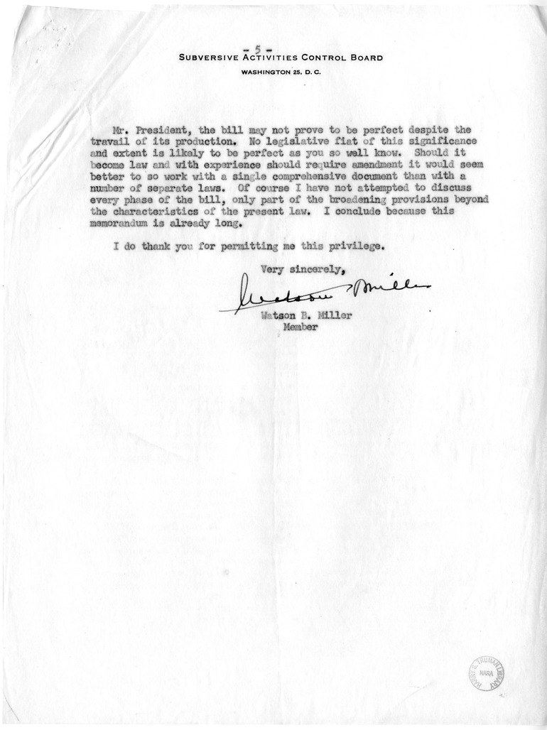 Letter from Watson B. Miller to President Harry S. Truman