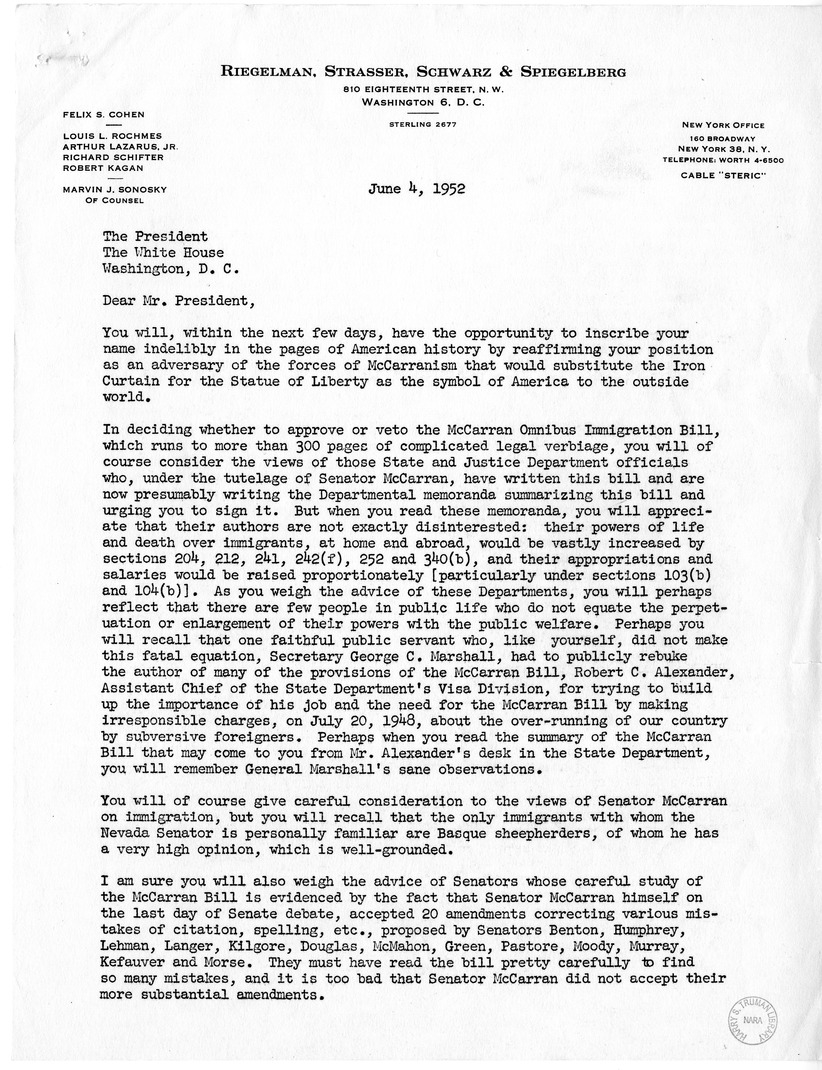 Letter from Felix S. Cohen to President Harry S. Truman