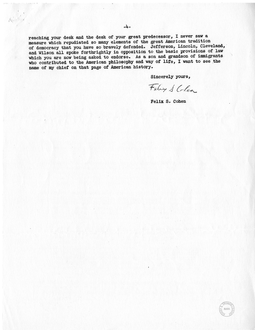 Letter from Felix S. Cohen to President Harry S. Truman