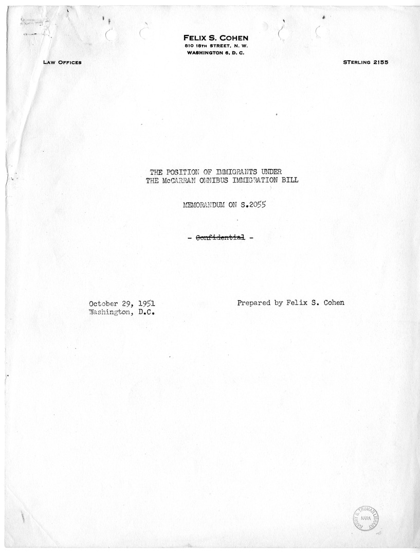 Report, "The Position of Immigrants Under the McCarran Omnibus Immigration Bill," by Felix S. Cohen