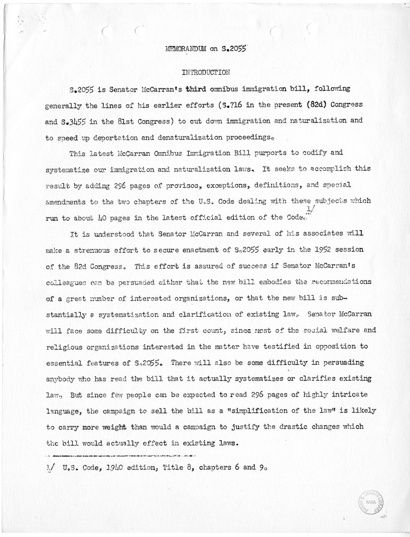 Report, "The Position of Immigrants Under the McCarran Omnibus Immigration Bill," by Felix S. Cohen