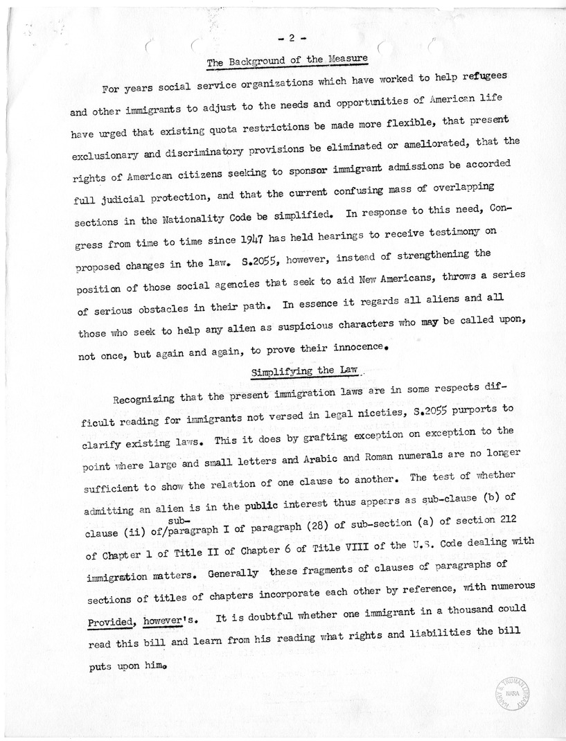 Report, "The Position of Immigrants Under the McCarran Omnibus Immigration Bill," by Felix S. Cohen