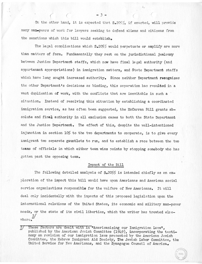 Report, "The Position of Immigrants Under the McCarran Omnibus Immigration Bill," by Felix S. Cohen