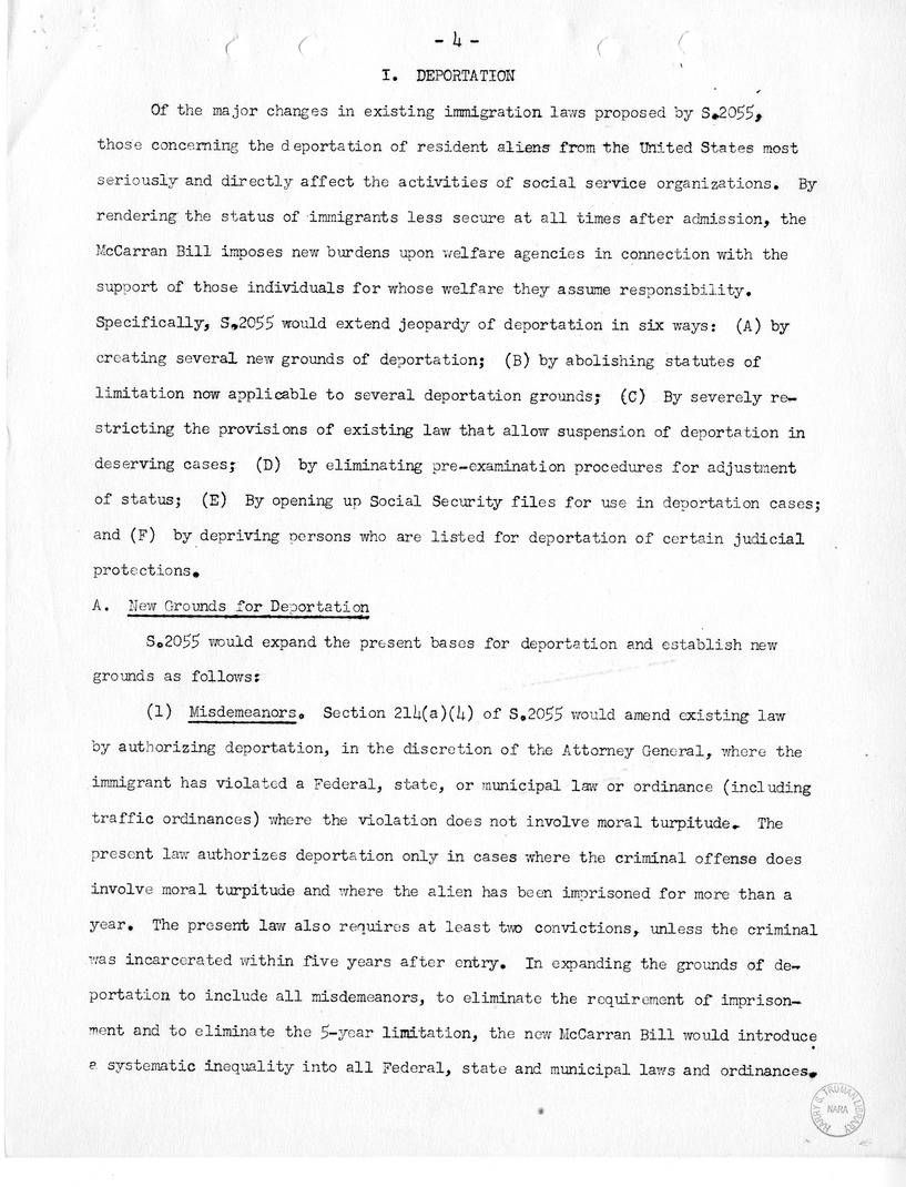 Report, "The Position of Immigrants Under the McCarran Omnibus Immigration Bill," by Felix S. Cohen