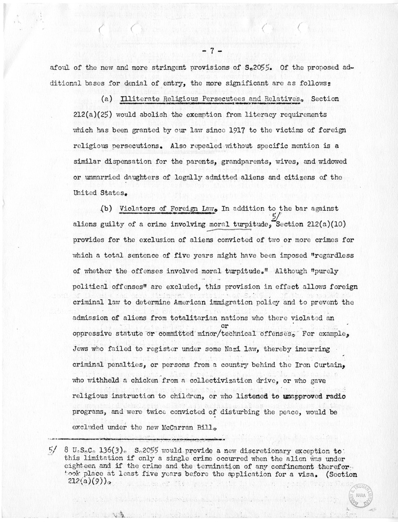 Report, "The Position of Immigrants Under the McCarran Omnibus Immigration Bill," by Felix S. Cohen