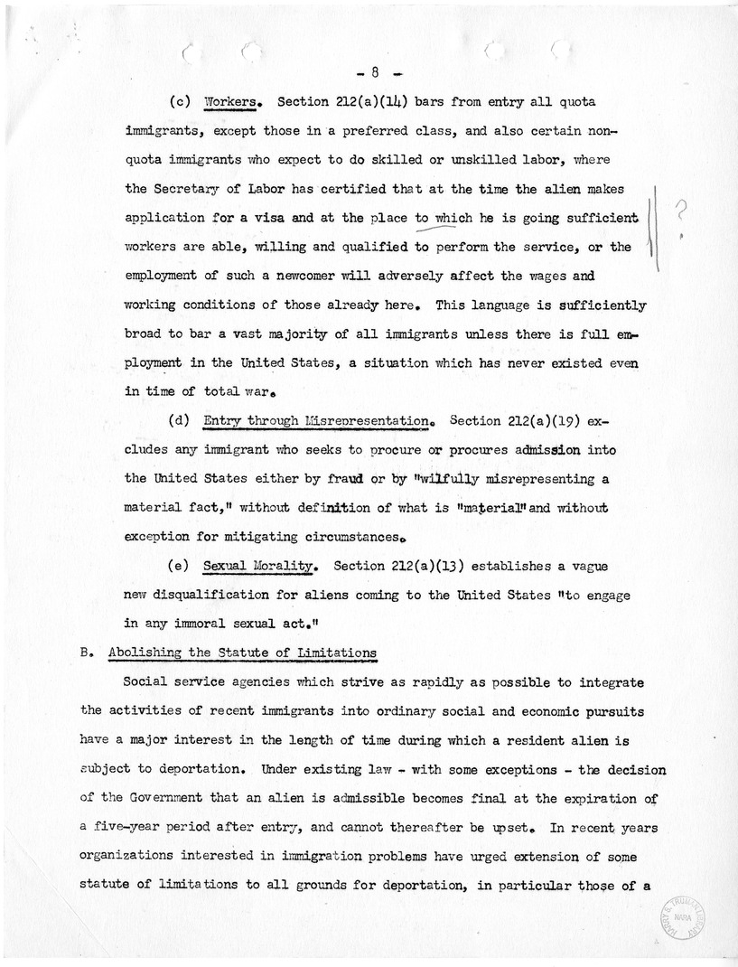 Report, "The Position of Immigrants Under the McCarran Omnibus Immigration Bill," by Felix S. Cohen