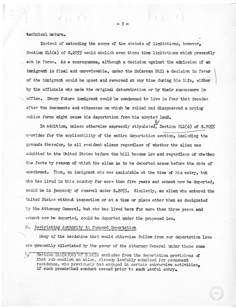 Report, "The Position of Immigrants Under the McCarran Omnibus Immigration Bill," by Felix S. Cohen