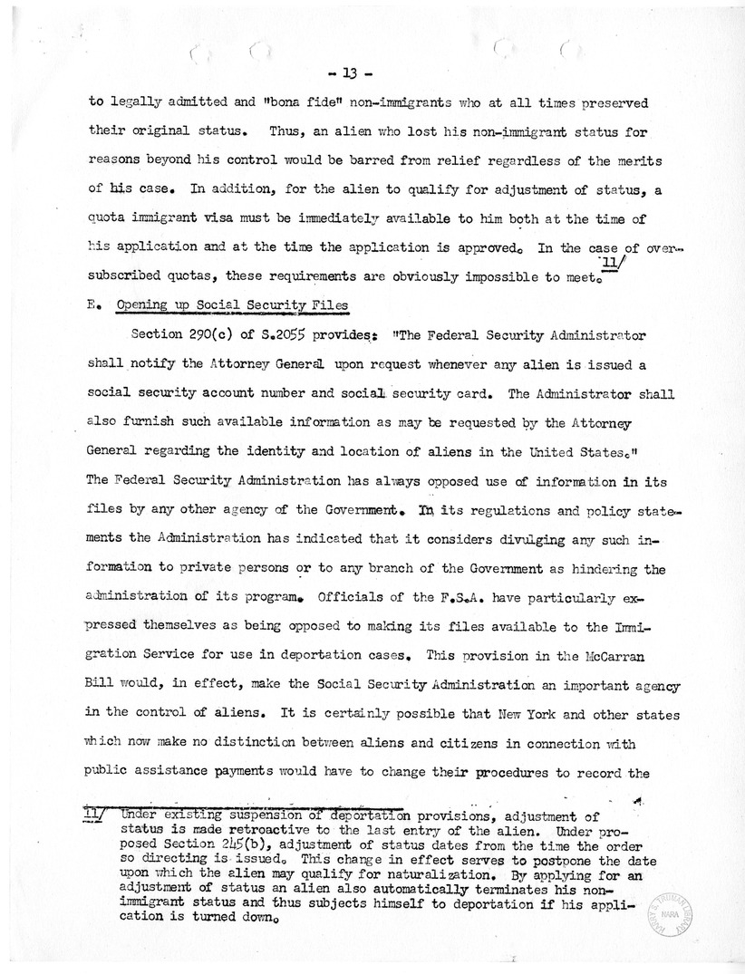 Report, "The Position of Immigrants Under the McCarran Omnibus Immigration Bill," by Felix S. Cohen