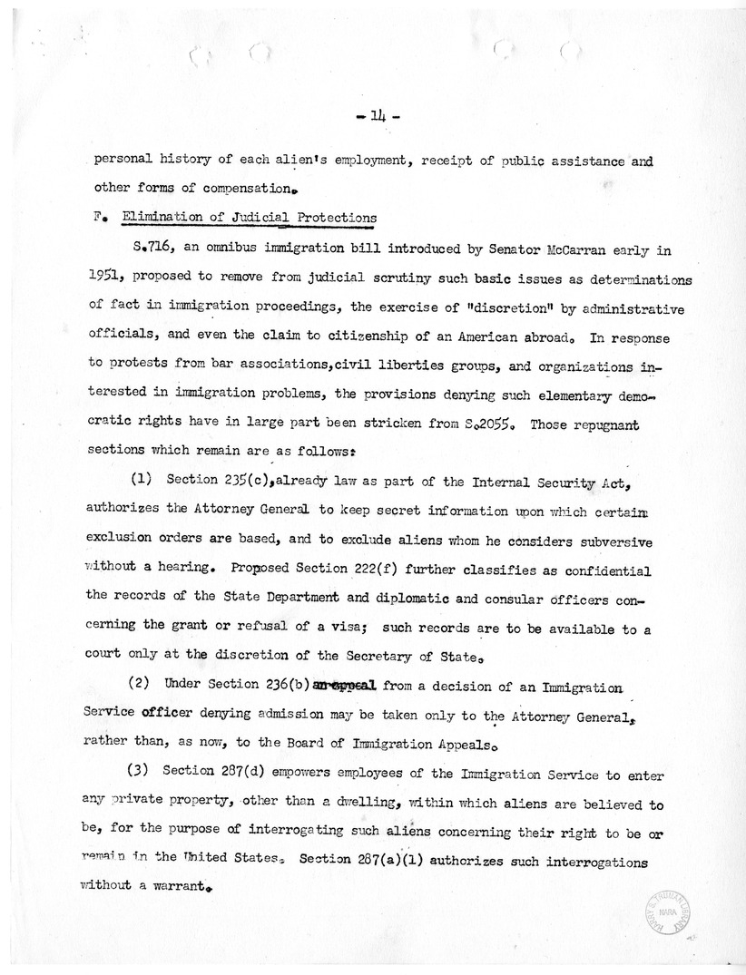 Report, "The Position of Immigrants Under the McCarran Omnibus Immigration Bill," by Felix S. Cohen