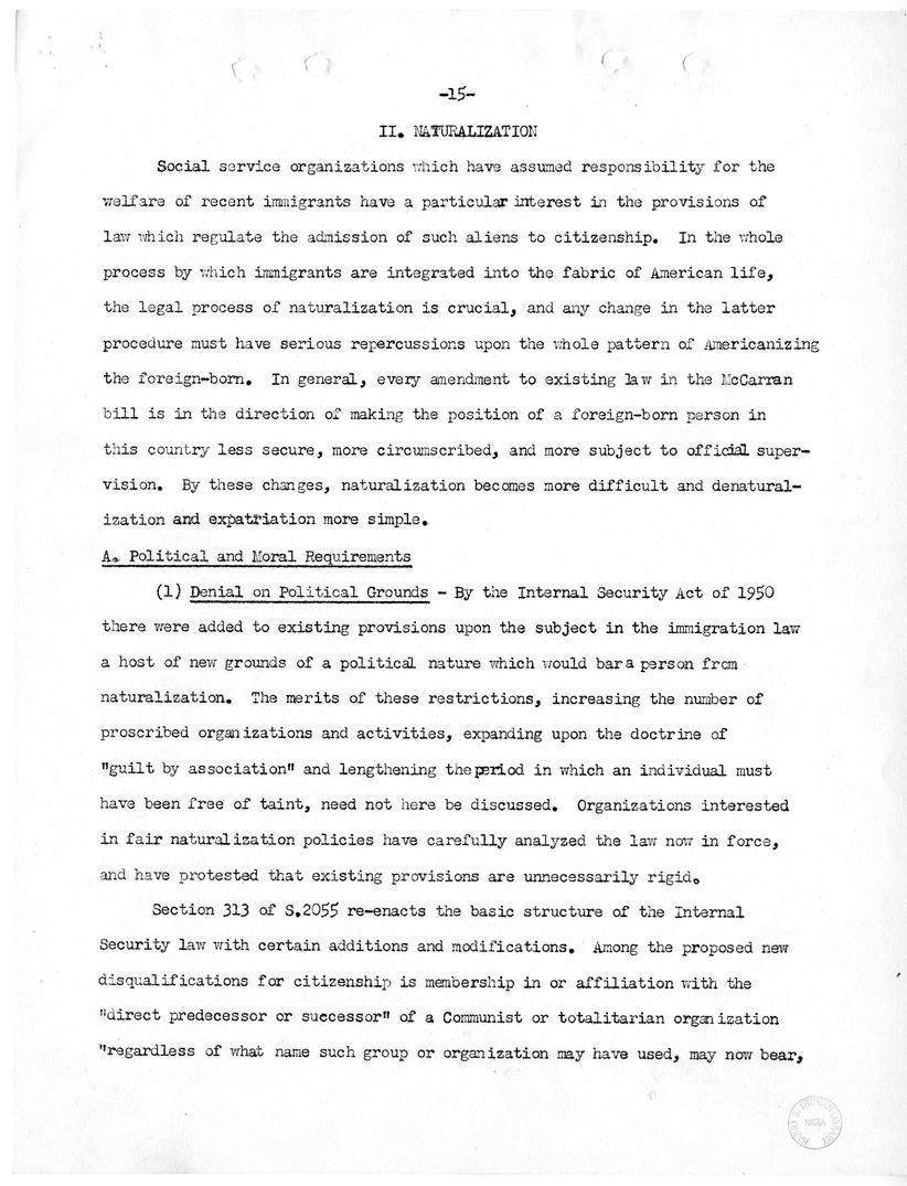 Report, "The Position of Immigrants Under the McCarran Omnibus Immigration Bill," by Felix S. Cohen