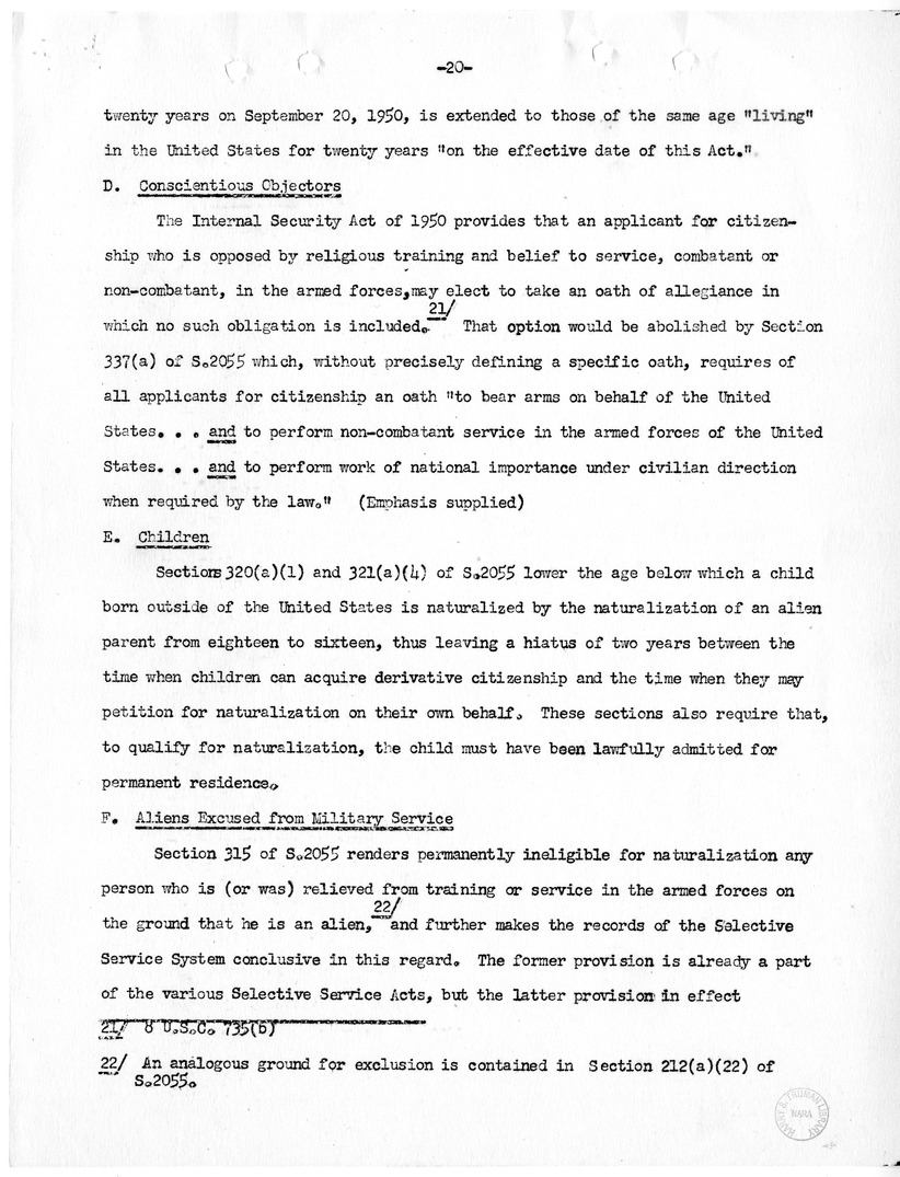 Report, "The Position of Immigrants Under the McCarran Omnibus Immigration Bill," by Felix S. Cohen