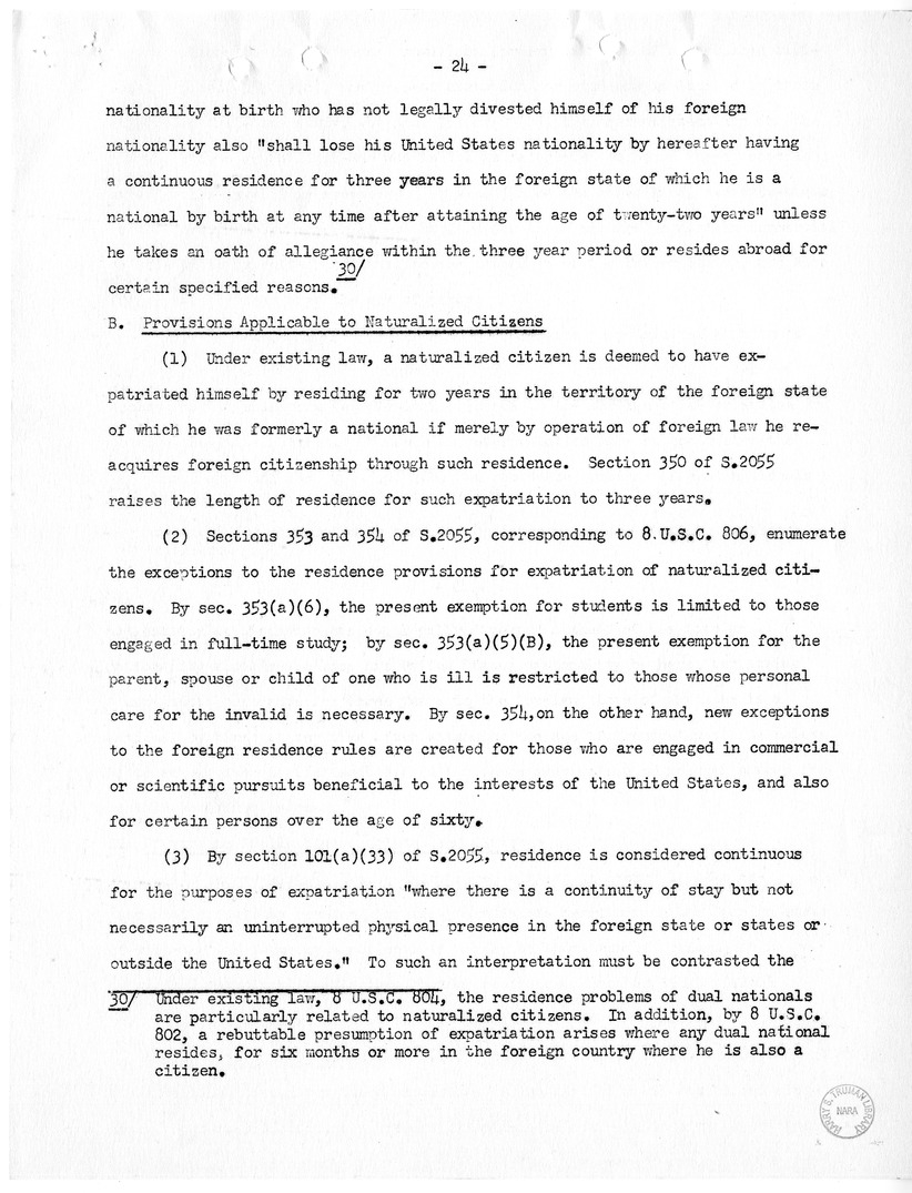 Report, "The Position of Immigrants Under the McCarran Omnibus Immigration Bill," by Felix S. Cohen